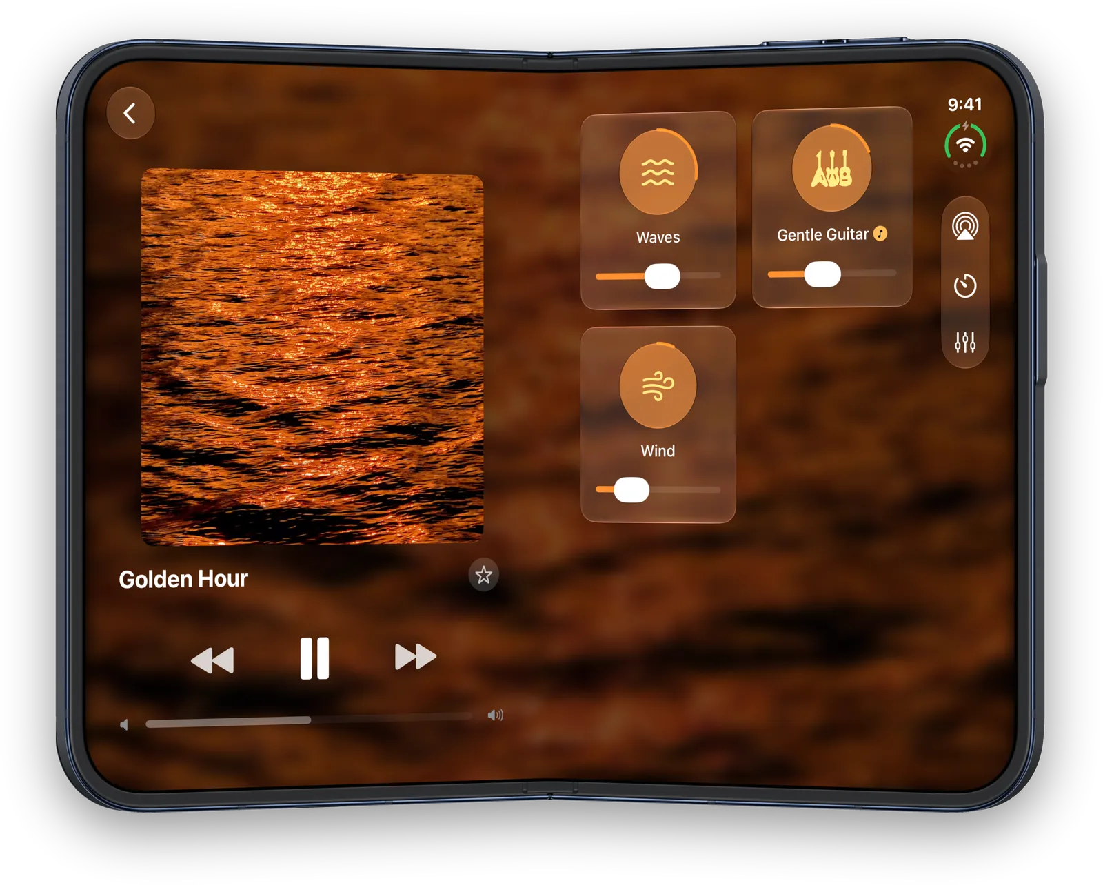 Blankie on iPhone Duo in the book pose with Now Playing on the left page and the Sound Mixer on the right page