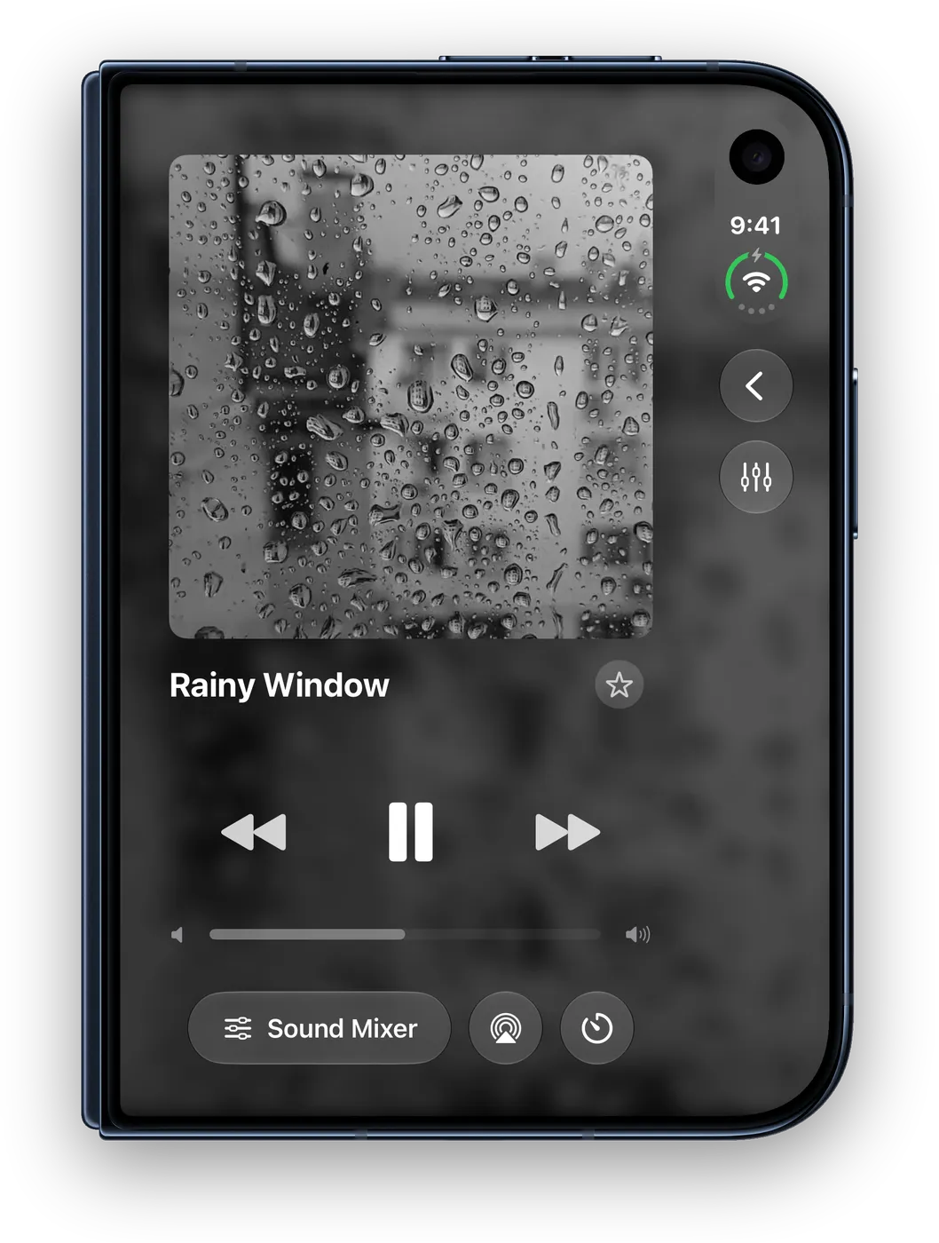 Blankie on the outer display of iPhone Duo when closed: Now Playing for the Rainy Window preset, with the Sound Mixer, AirPlay and the sleep timer under the volume.