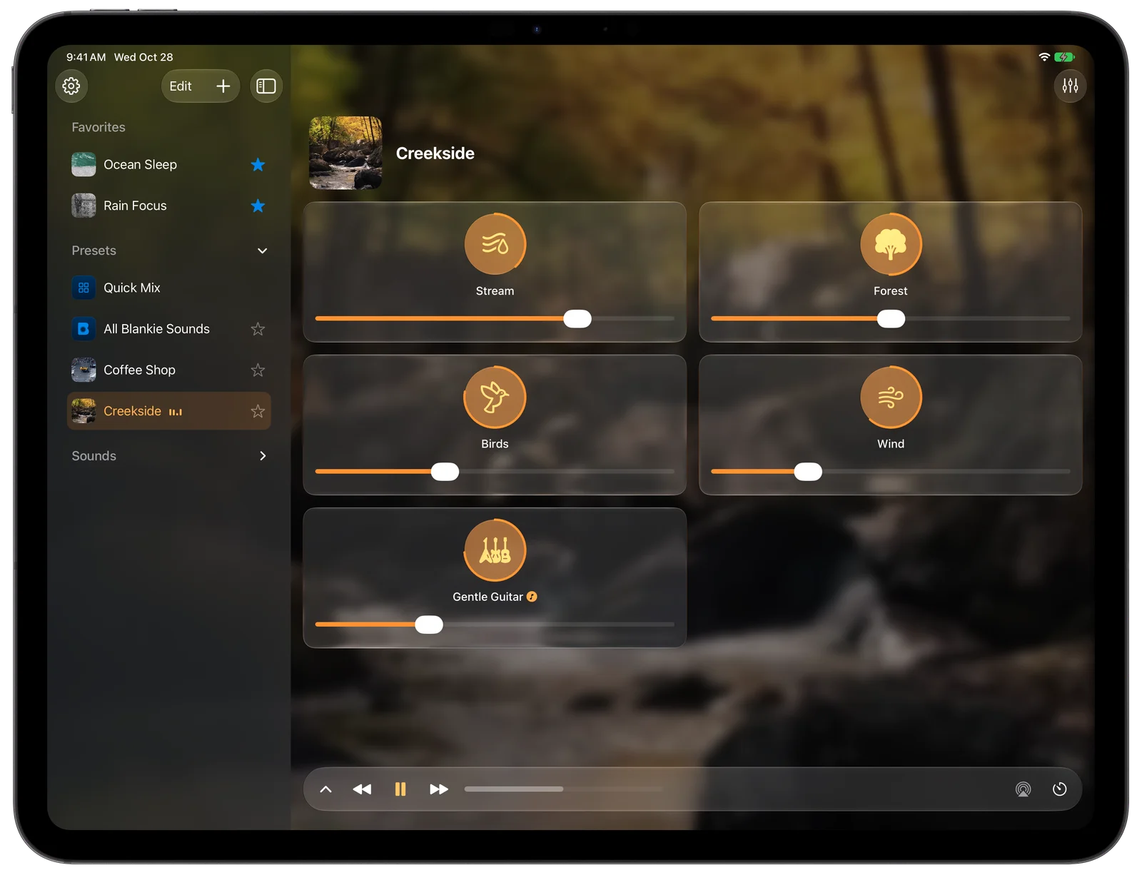 Blankie on iPad with favorites, presets and sounds in the sidebar beside the Creekside mixer