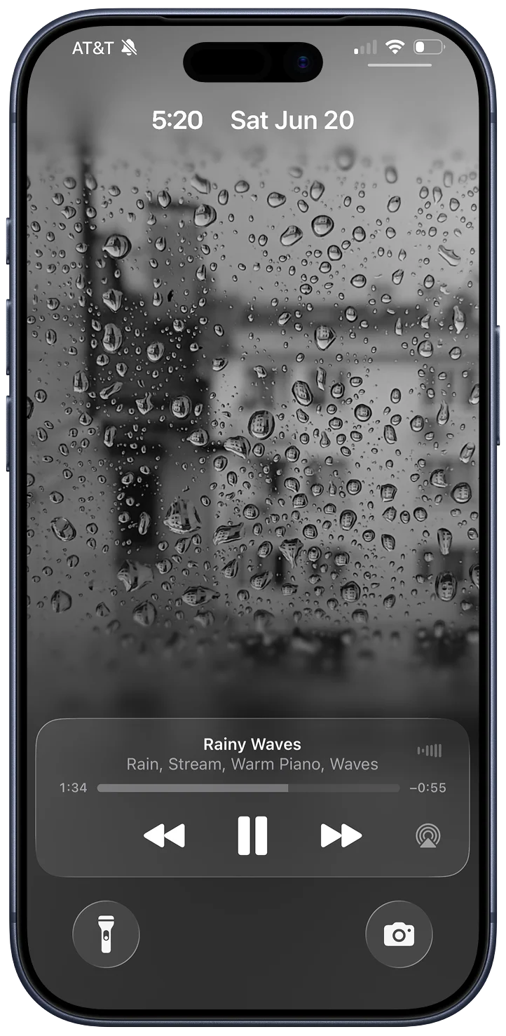 Blankie playing on iPhone's Lock Screen over animated rain artwork