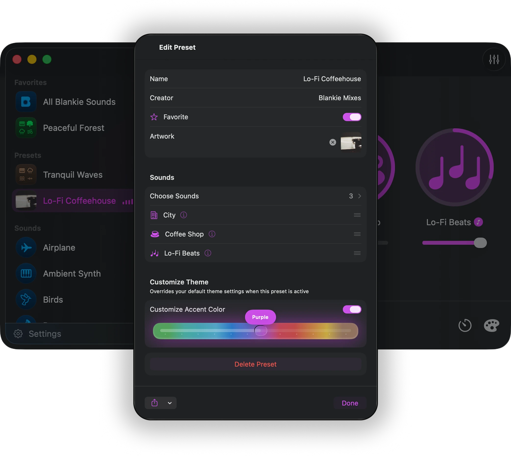 Blankie's preset editor with a free-form accent color picker