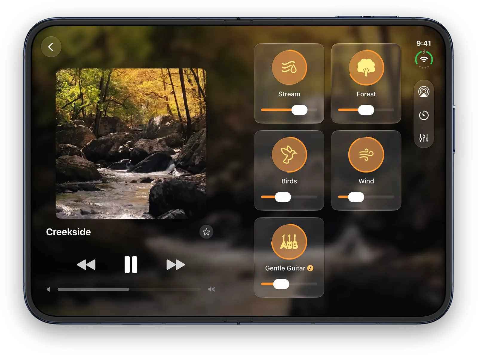 Blankie open flat on iPhone Duo: Now Playing for the Creekside preset on the left page, and the Sound Mixer on the right with Stream, Forest, Birds, Wind and Gentle Guitar playing.