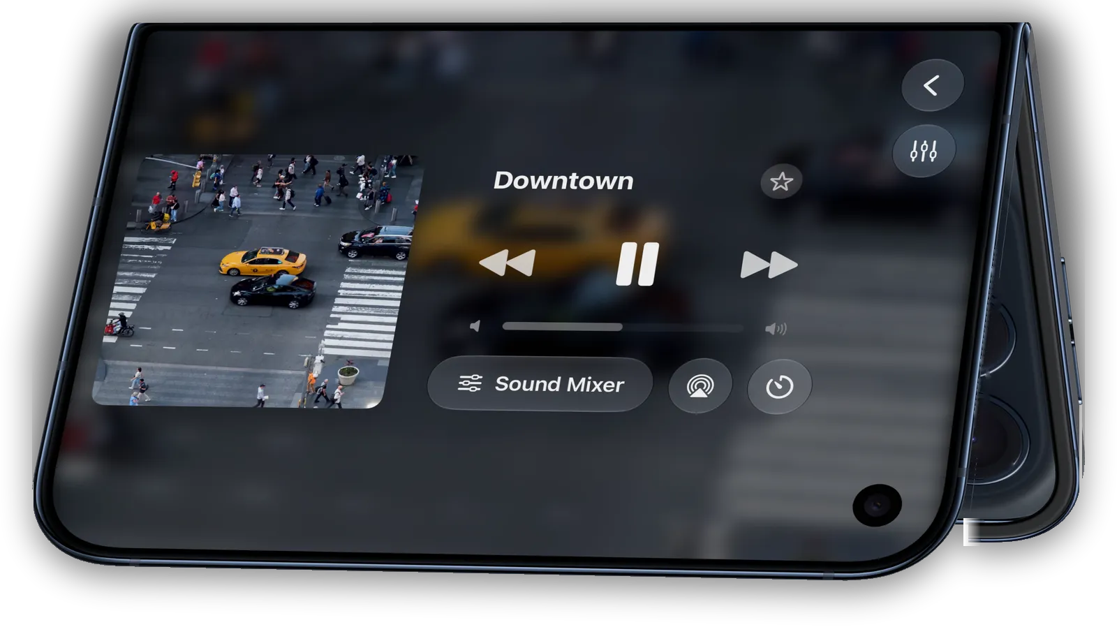 Blankie on iPhone Duo standing like a tent: the outer display shows Now Playing for the Downtown preset, with the artwork beside the controls.