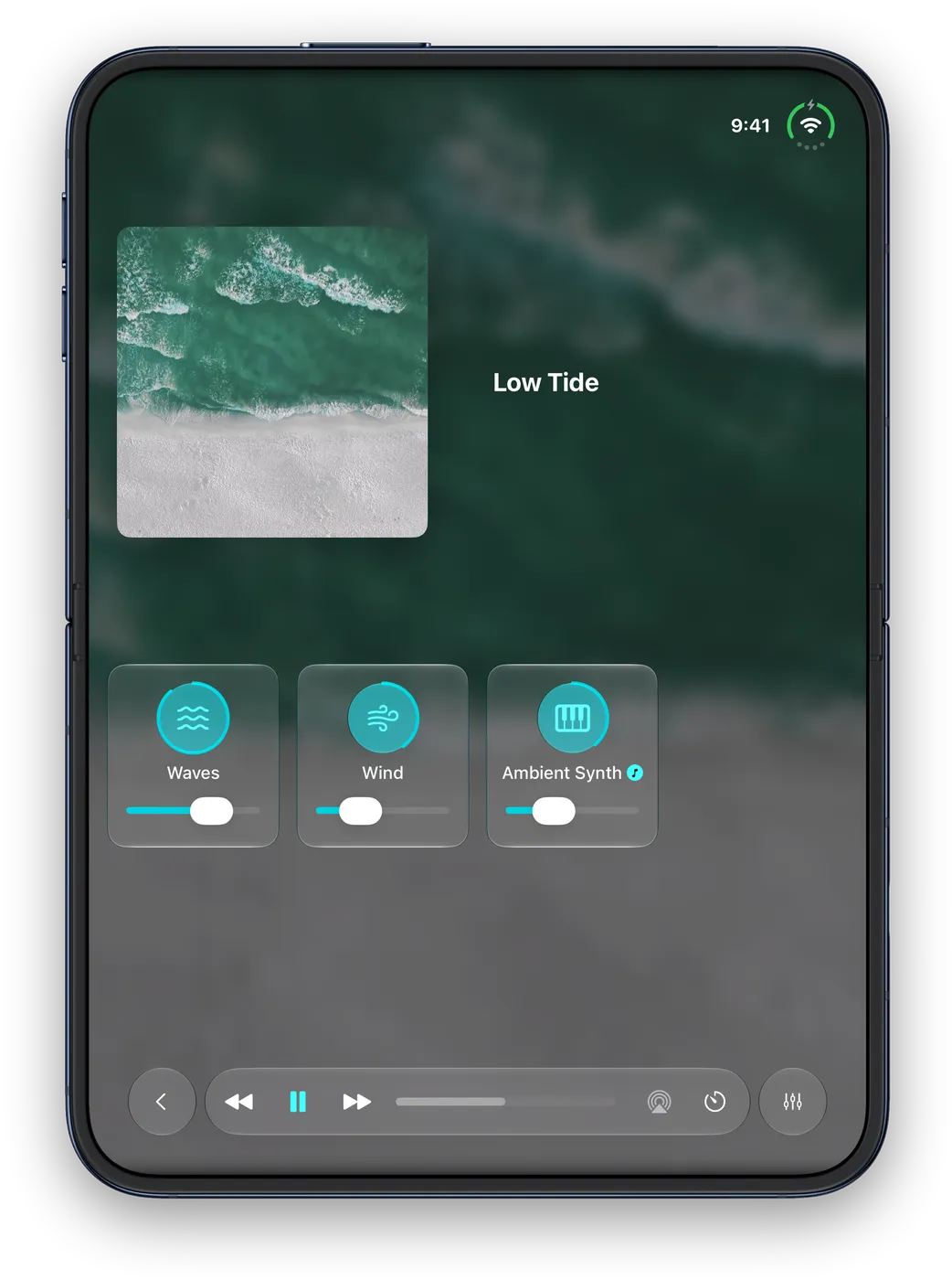 Blankie on iPhone Duo held open with the fold running side to side: the Low Tide artwork on the top half, and its Waves, Wind and Ambient Synth tiles above the playback bar on the bottom half.
